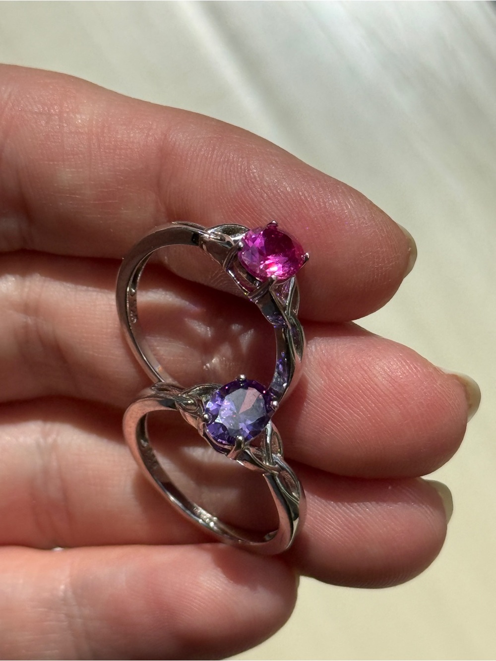 Sterling Silver Pink and Purple Gemstone Rings - Set of 2